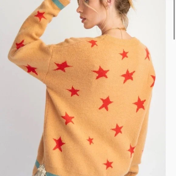 Easel Mustard Sweater with Red Stars - Picture 3 of 3